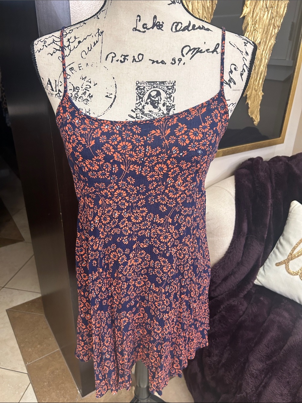 Free People Navy Mini Dress with Coral Floral Allover